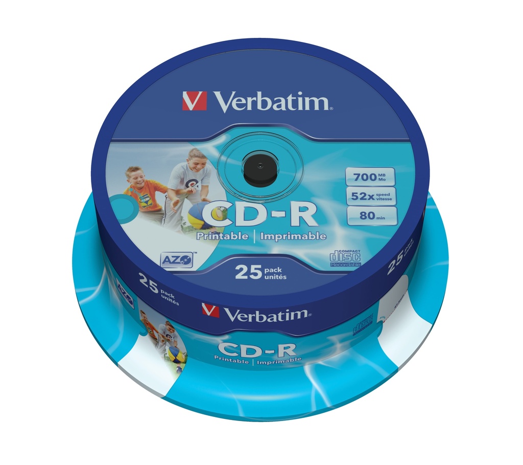 [225076440018] Verbatim CD-R AZO Wide Inkjet Printable 700 MB 52x 25 stuk(s)