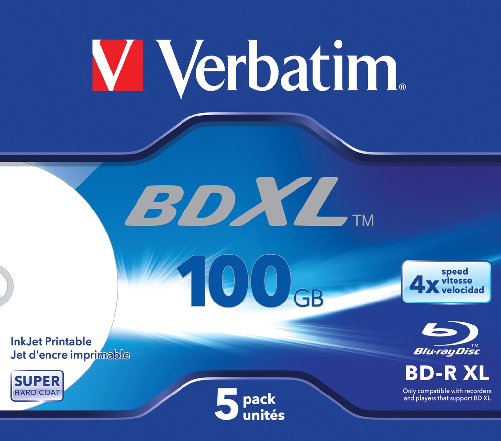[230076440164] Verbatim BD-R XL 100 GB* 4x Wide Inkjet Printable Jewel Case per 5 verpakt
