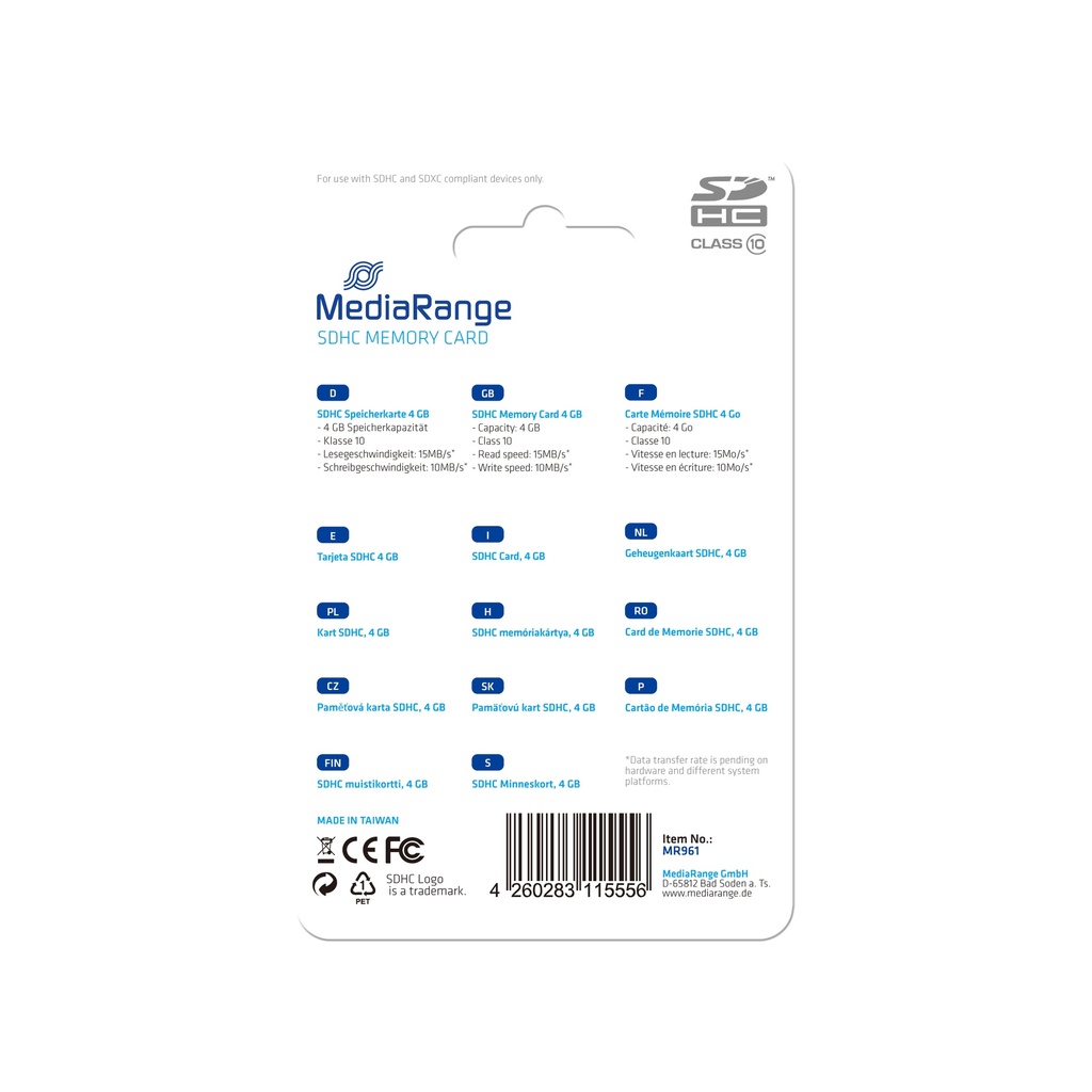 [240604440032] MediaRange 4GB SDHC Klasse 10