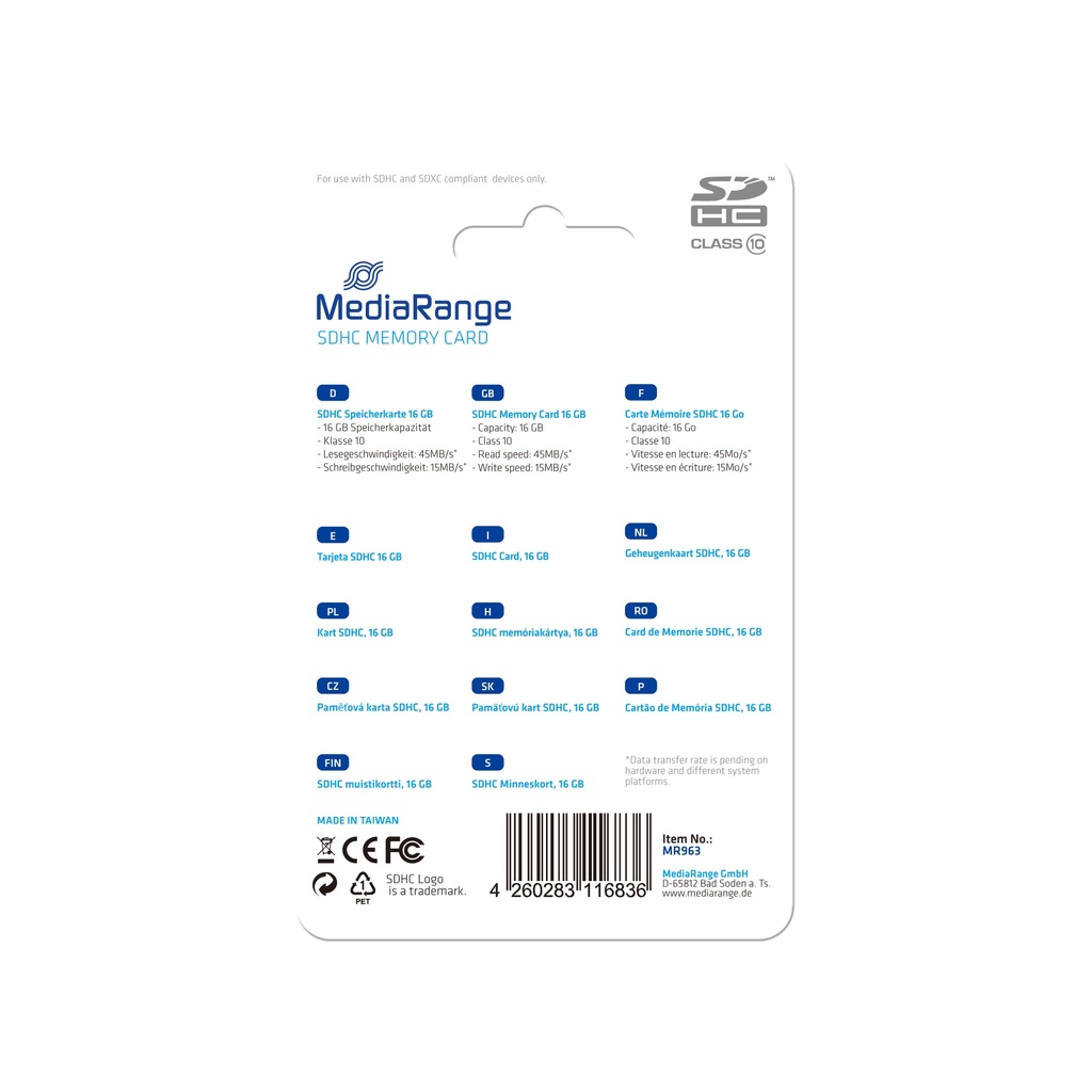 [240604440034] MediaRange MR963 flashgeheugen 16 GB SDHC Klasse 10