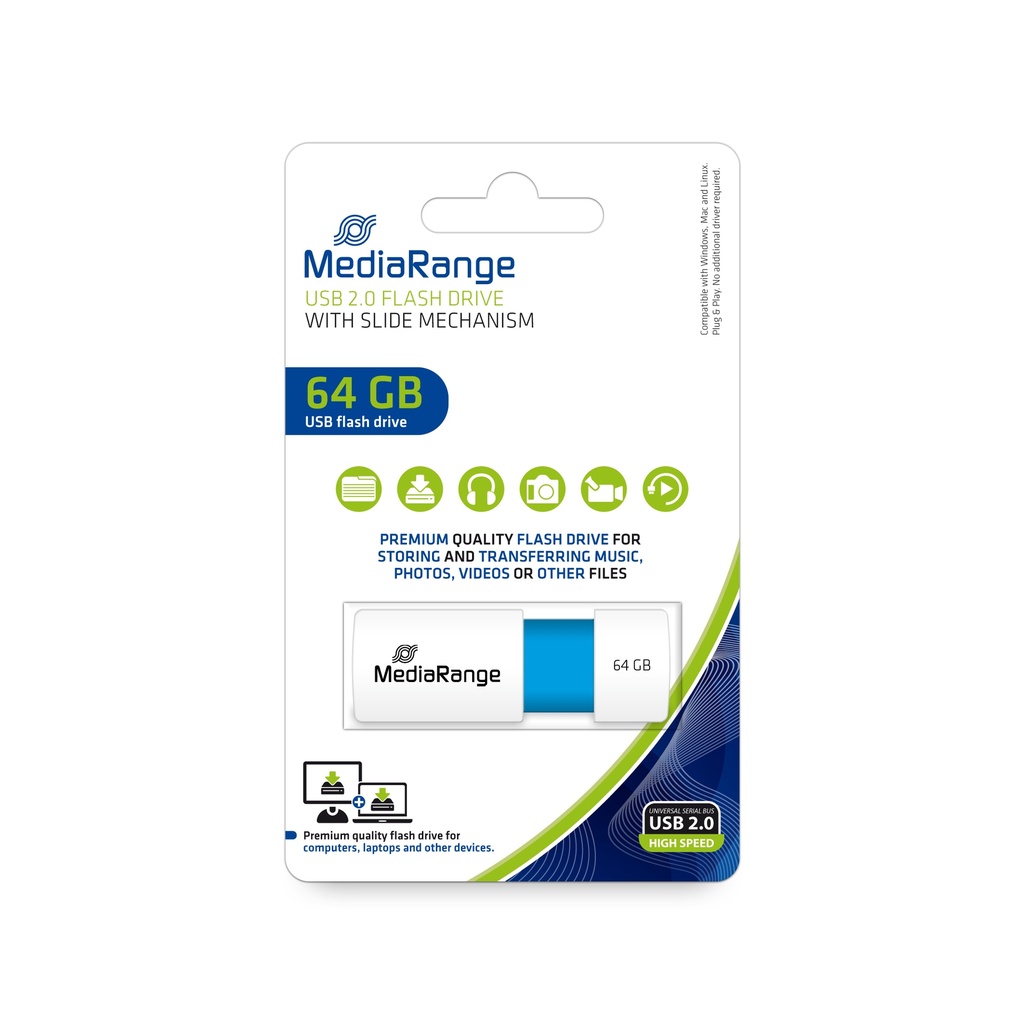 [240604440054] MediaRange USB Stick 64GB MR974 USB flash drive USB Type-A 2.0 Blauw, Wit