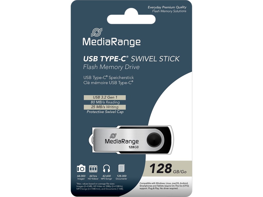 [240604440085] MEDIARANGE MEDIARANGE SWIVEL USB STICK 128GB