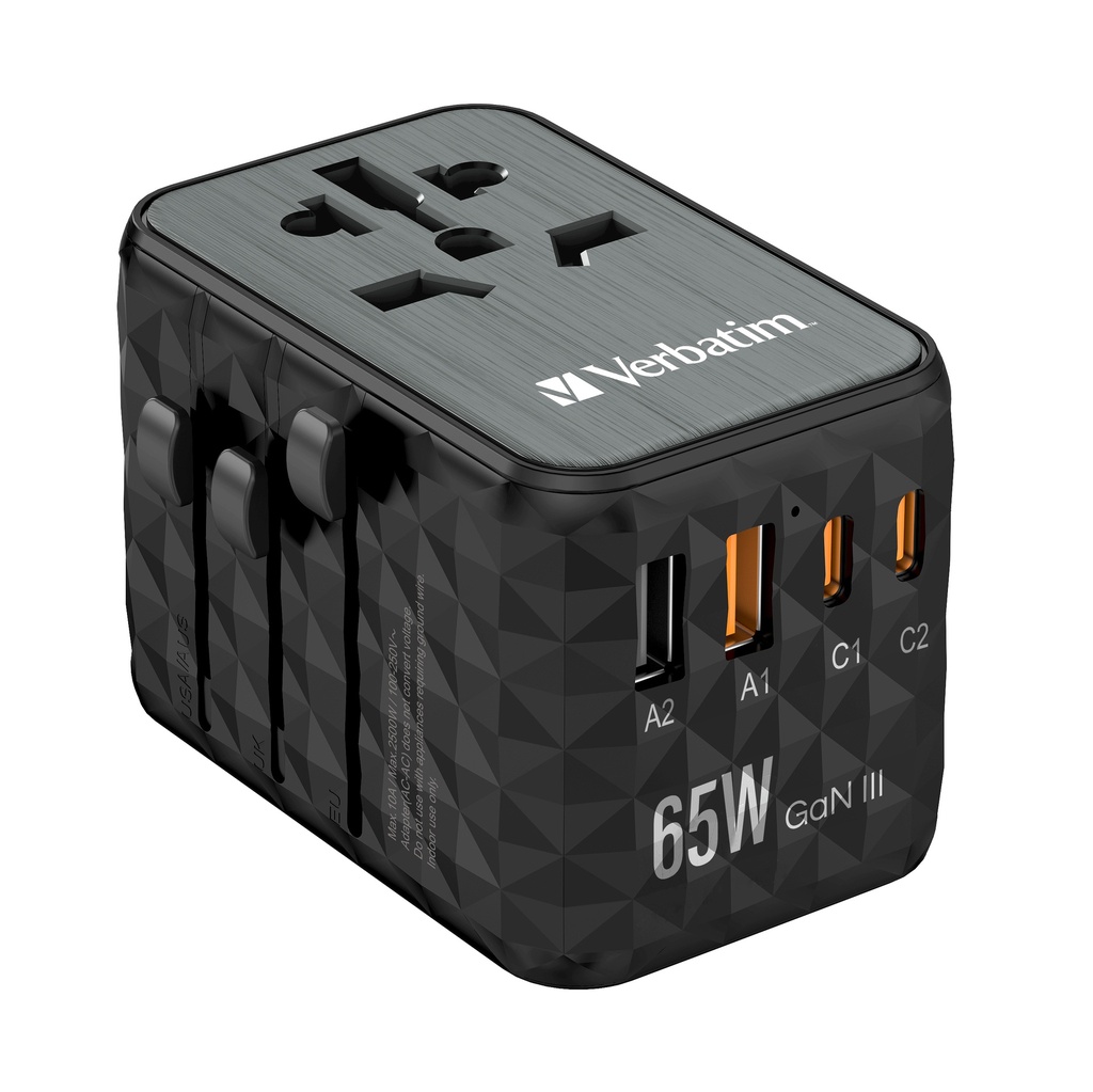 Verbatim UTA-05 65W GaN III universele reisadapter Met 2 x USB-C PD & QC 4+ & 2 x USB-A poorten