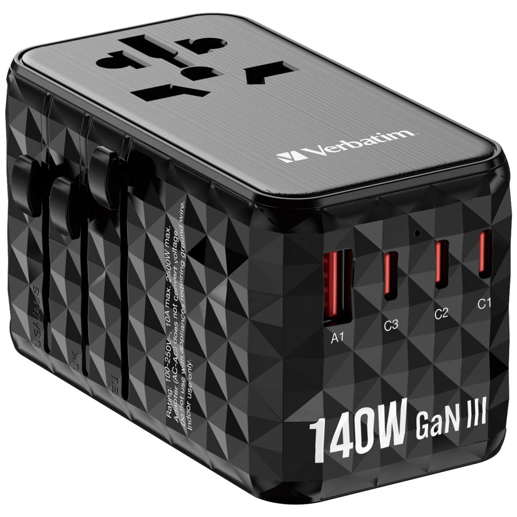 Verbatim UTA-10 140W GaN III universele reisadapter Met 2 x USB-C PD 3.1 & QC 4+, 1 x USB-C PD 3.0 & 1 x USB-A QC 3.0 poorten