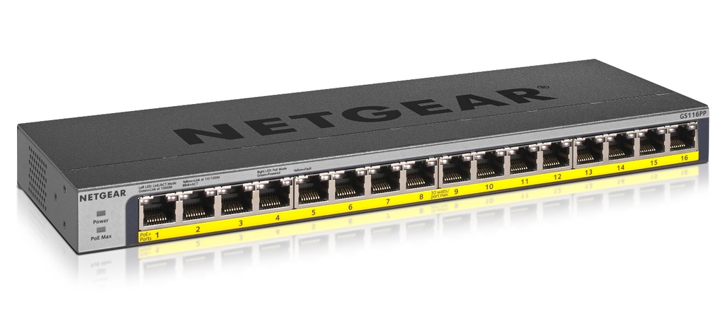 [415853440028] NETGEAR GS116PP Unmanaged Gigabit Ethernet (10/100/1000) Power over Ethernet (PoE) Zwart