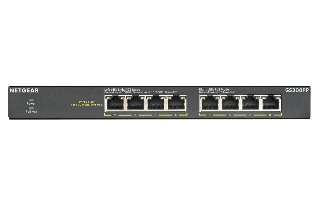 [415853440064] NETGEAR GS308PP Unmanaged Gigabit Ethernet (10/100/1000) Power over Ethernet (PoE) Zwart