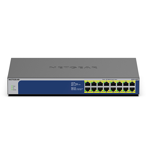 [415853440072] NETGEAR GS516PP Unmanaged Gigabit Ethernet (10/100/1000) Power over Ethernet (PoE) Blauw, Grijs