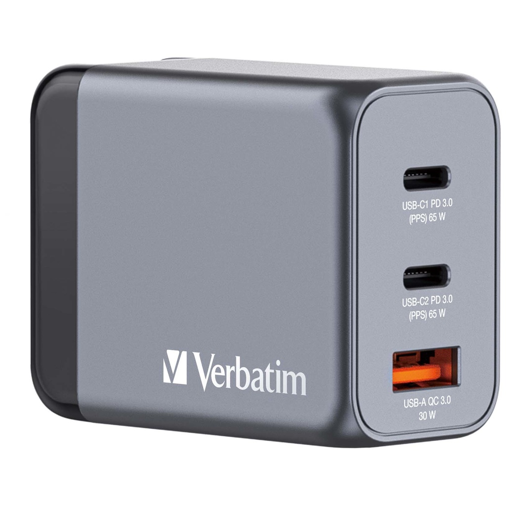 [500076440013] Verbatim 65 W GaN-wandoplader met drie poorten 2 x USB-C PD 65 W / 1 x USB-A QC 3.0 (EU/VK/VS)