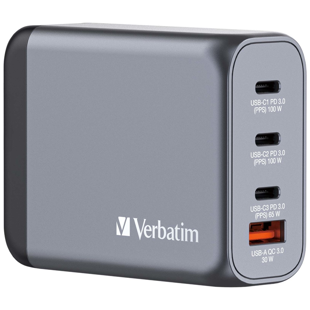 [500076440014] Verbatim 100 W GaN-wandoplader met vier poorten 2 x USB-C PD 100 W / 1 x USB-C PD 65 W / 1 x USB-A QC 3.0 (EU/VK/VS)