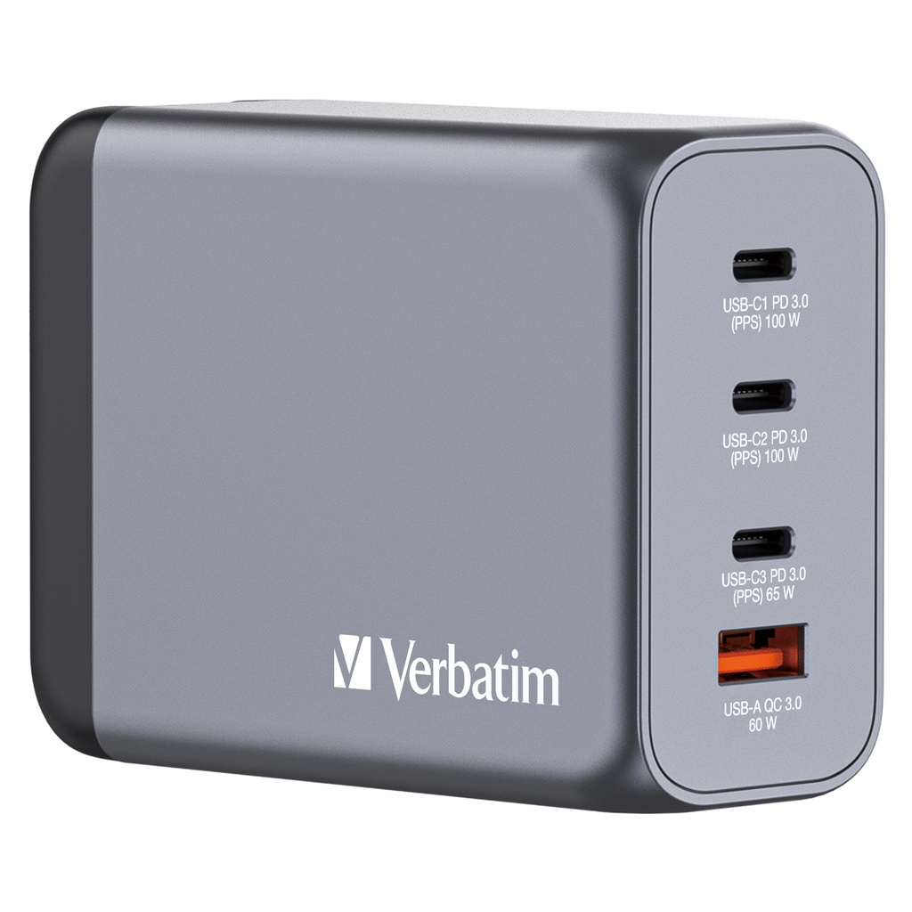 Verbatim 200 W GaN-wandoplader met vier poorten 2 x USB-C PD 100 W / 1 x USB-C PD 65 W / 1 x USB QC 3.0 (EU/VK/VS)