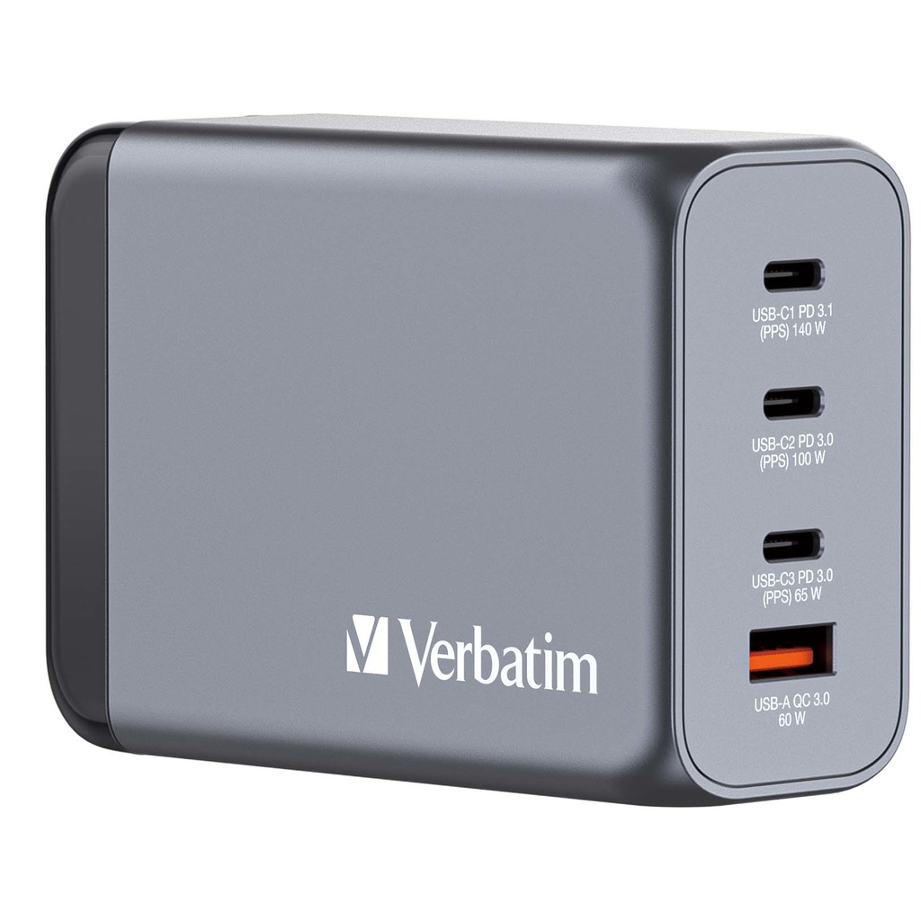 Verbatim 240 W GaN-wandoplader met vier poorten 1 x USB-C PD 140 W /1 x USB-C PD 100 W / 1 x USB-C® PD 65 W / 1 x USB-A QC 3.0 (EU/VK/VS)