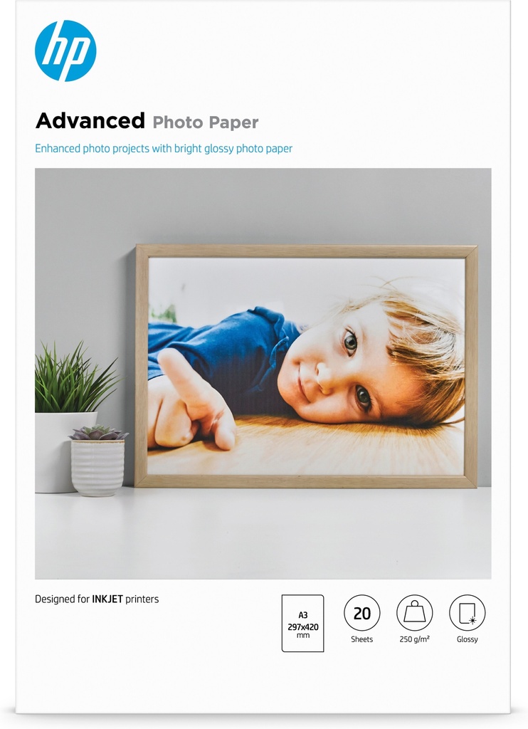 HP Advanced fotopapier, glanzend, 250 g/m2, A3 (297 x 420 mm), 20 vellen