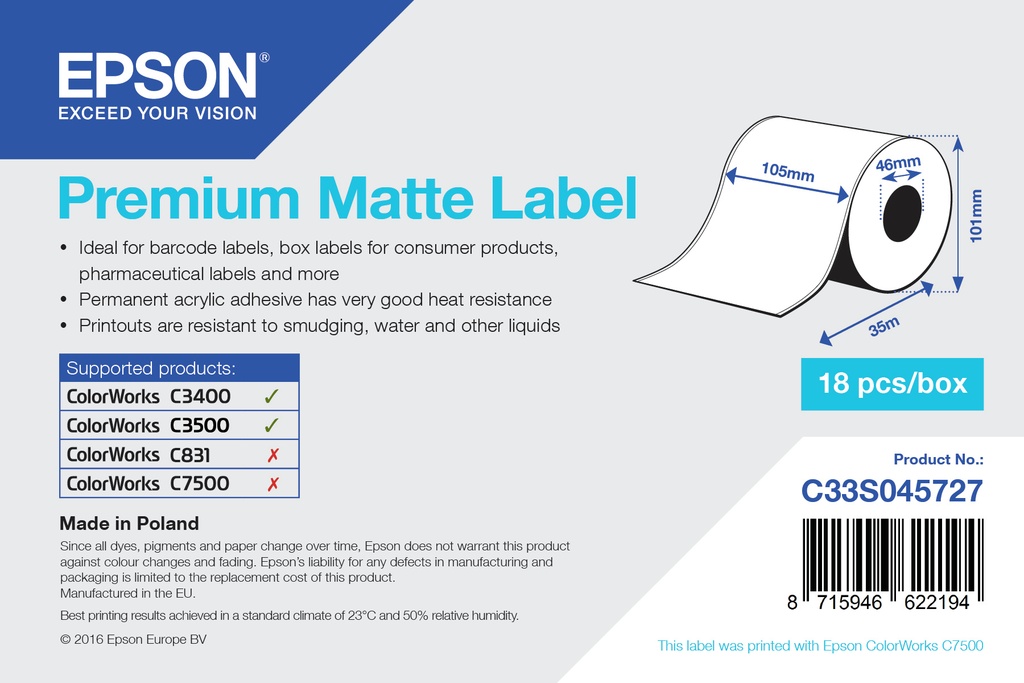 [850015440009] Epson Premium Matte Label - Continuous Roll: 105mm x 35m