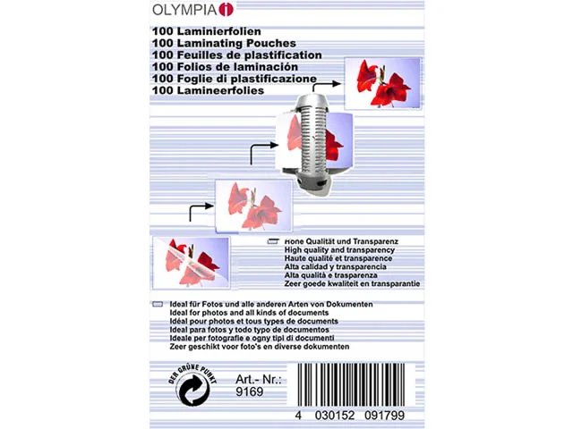 [908046440001] OLYMPIA 9169 OLY LAMINATING POUCHES 65x95mm