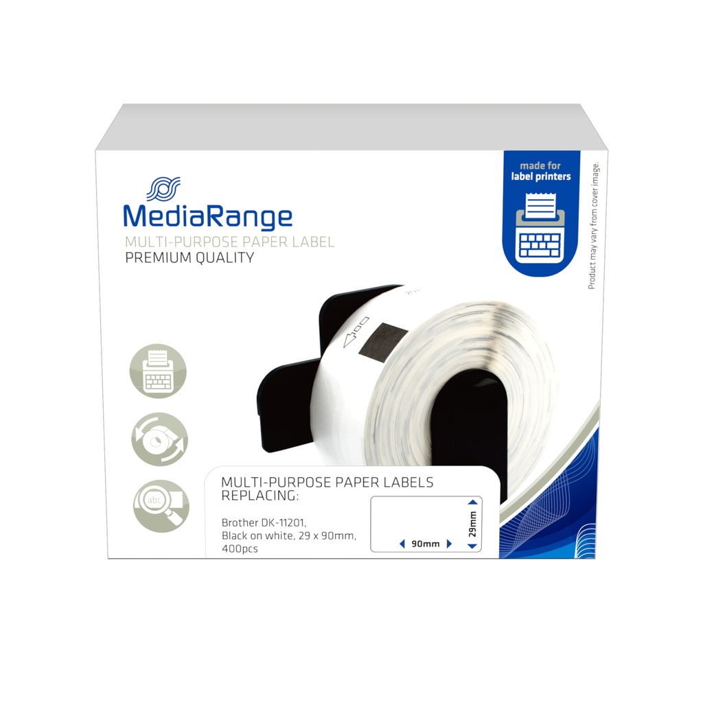 [914604440001] MediaRange ge Schriftband 29x90mm schwarz/weiß Brother DK-11201 400Stk