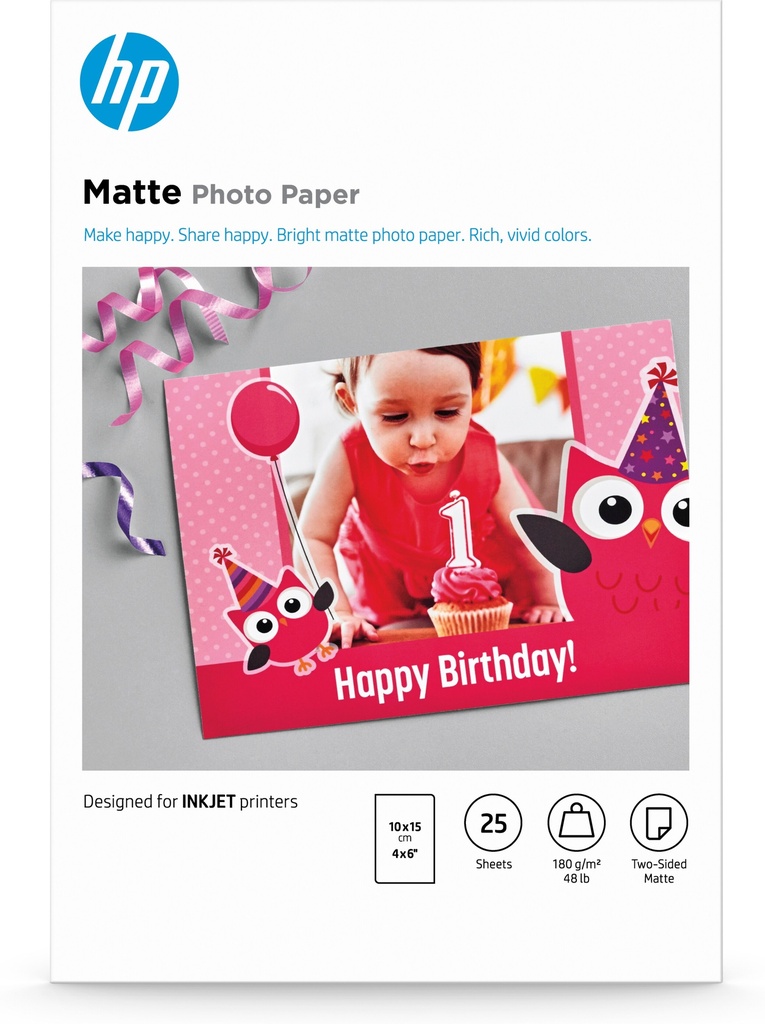[802025440160] HP mat fotopapier, 180 g/m2, 10 x 15 cm (101 x 152 mm), 25 vellen