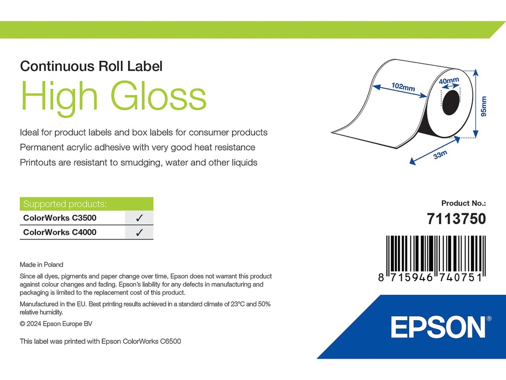 EPSON 7113750 EPSON label roll 102mm 33metre