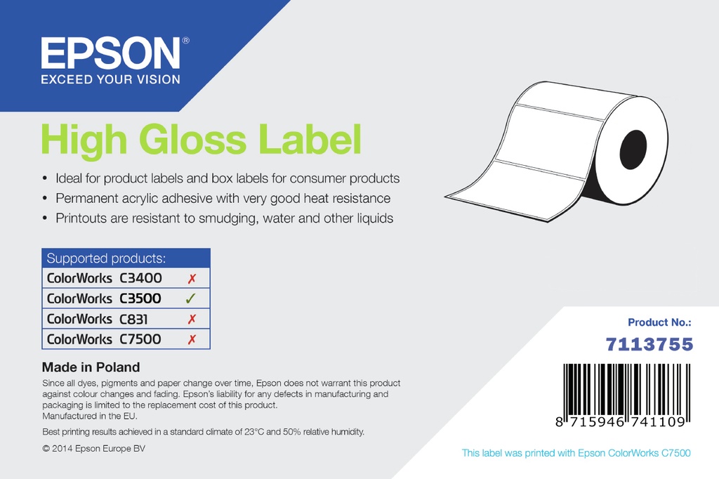 [850015440013] Epson High Gloss Label - Continuous Roll: 102mm x 33m