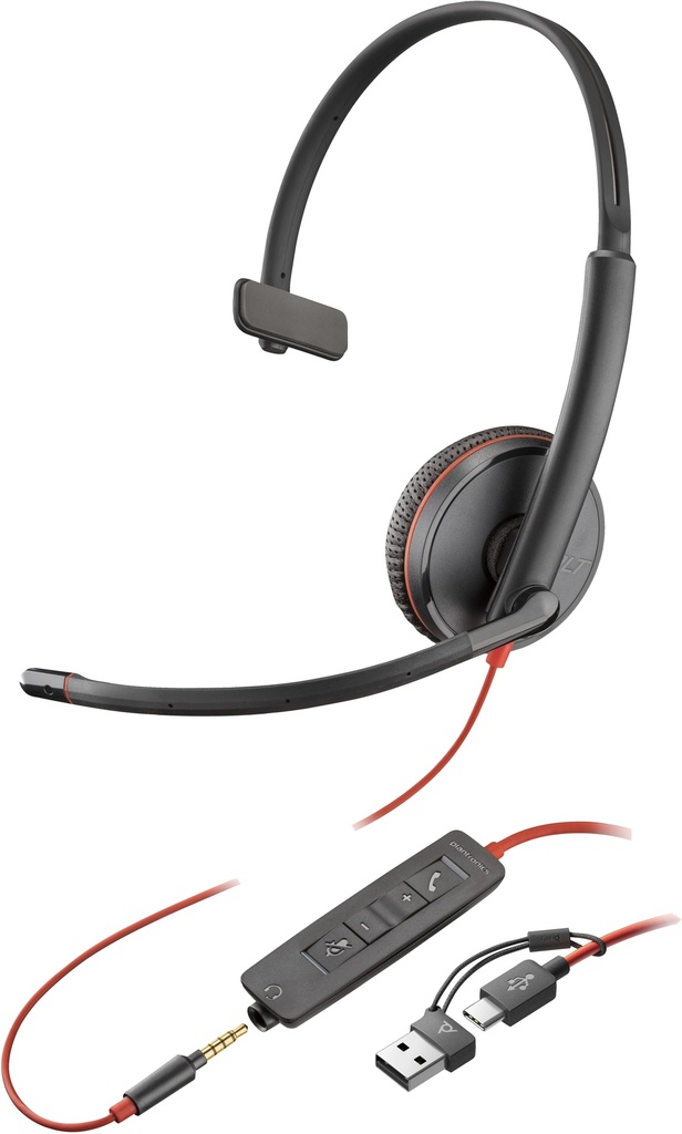 Poly Blackwire 3215 mono USB-C-headset + 3,5 mm stekker + USB-C/A-adapter (bulk)