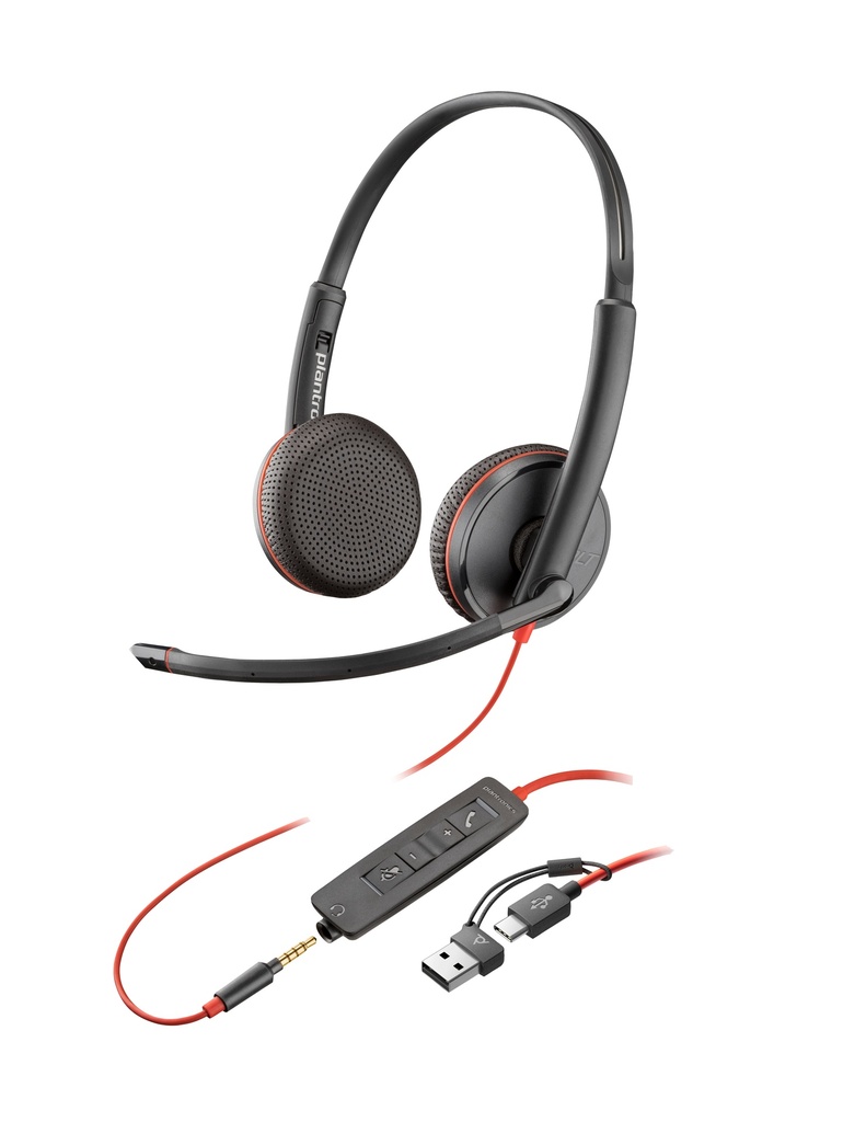 Poly Blackwire 3225 stereo USB-C-headset + 3,5 mm stekker + USB-C/A-adapter (bulk)