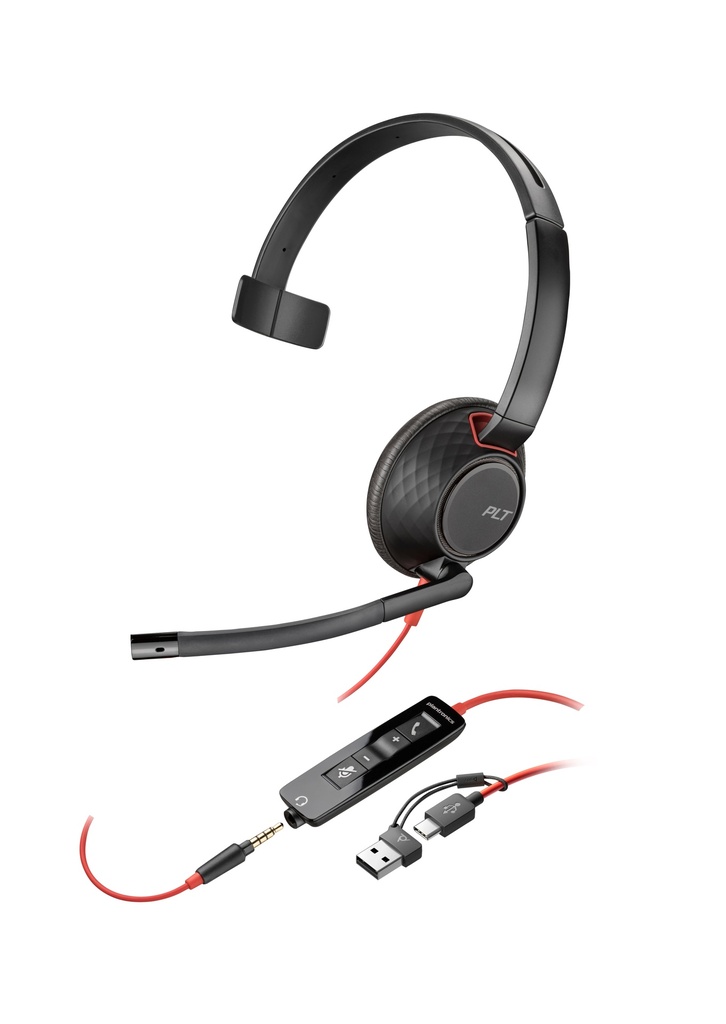 [410657440242] Poly Blackwire 5210 mono USB-C-headset + 3,5 mm stekker + USB-C/A-adapter (bulk)