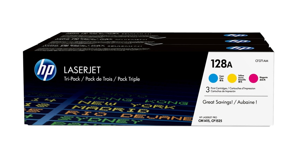 [120025440775] HP 128A originele cyaan/magenta/gele LaserJet tonercartridge, 3-pack