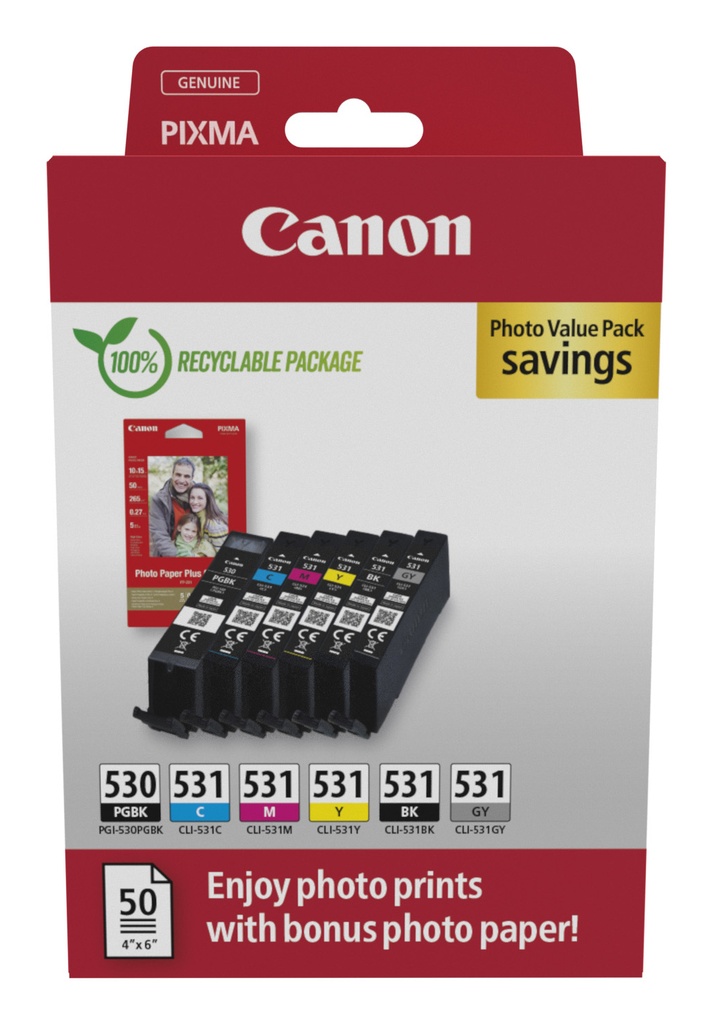 [170008441193] Canon PGI-530/CLI-531 PVP inktcartridge 6 stuk(s) Origineel Zwart, Cyaan, Grijs, Magenta, Foto zwart, Geel
