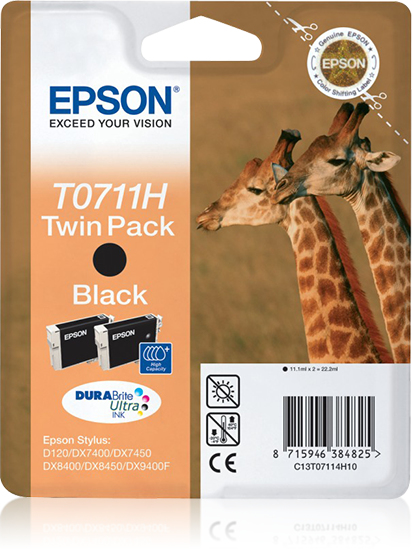 [170015440497] Epson Giraffe Dubbelpack Inktpatroon Black T0711H, duoverpakking T0711H DURABrite Ultra Ink