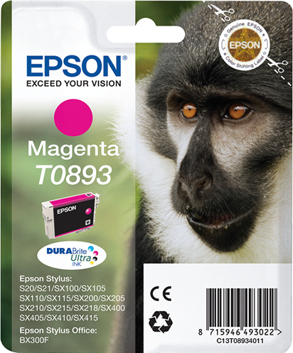 [170015440663] Epson Monkey Singlepack Magenta T0893 DURABrite Ultra Ink