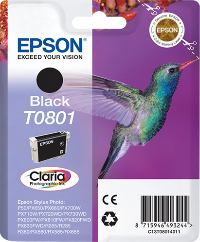 [170015440677] Epson Hummingbird Singlepack Black T0801 Claria Photographic Ink