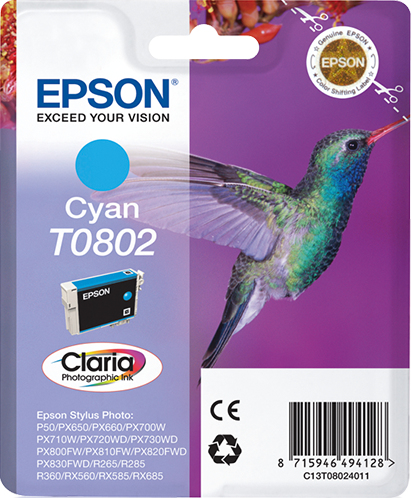 [170015440678] Epson Hummingbird Singlepack Cyan T0802 Claria Photographic Ink
