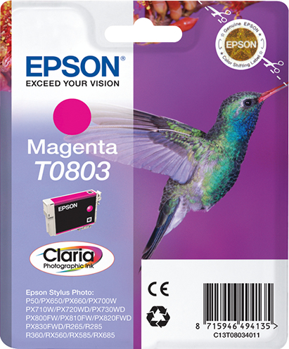 [170015440679] Epson Hummingbird Singlepack Magenta T0803 Claria Photographic Ink