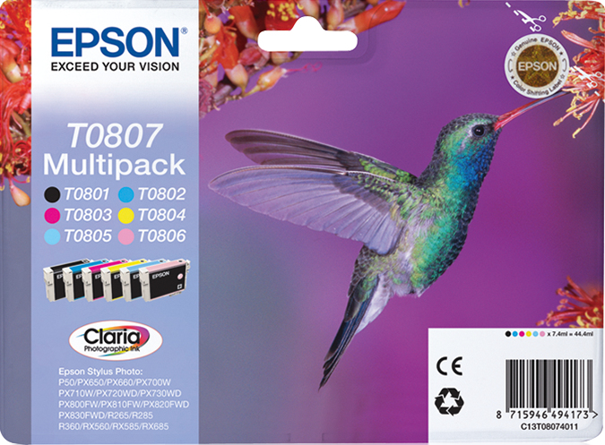 [170015440683] Epson Hummingbird Multipack 6-colours T0807 Claria Photographic Ink