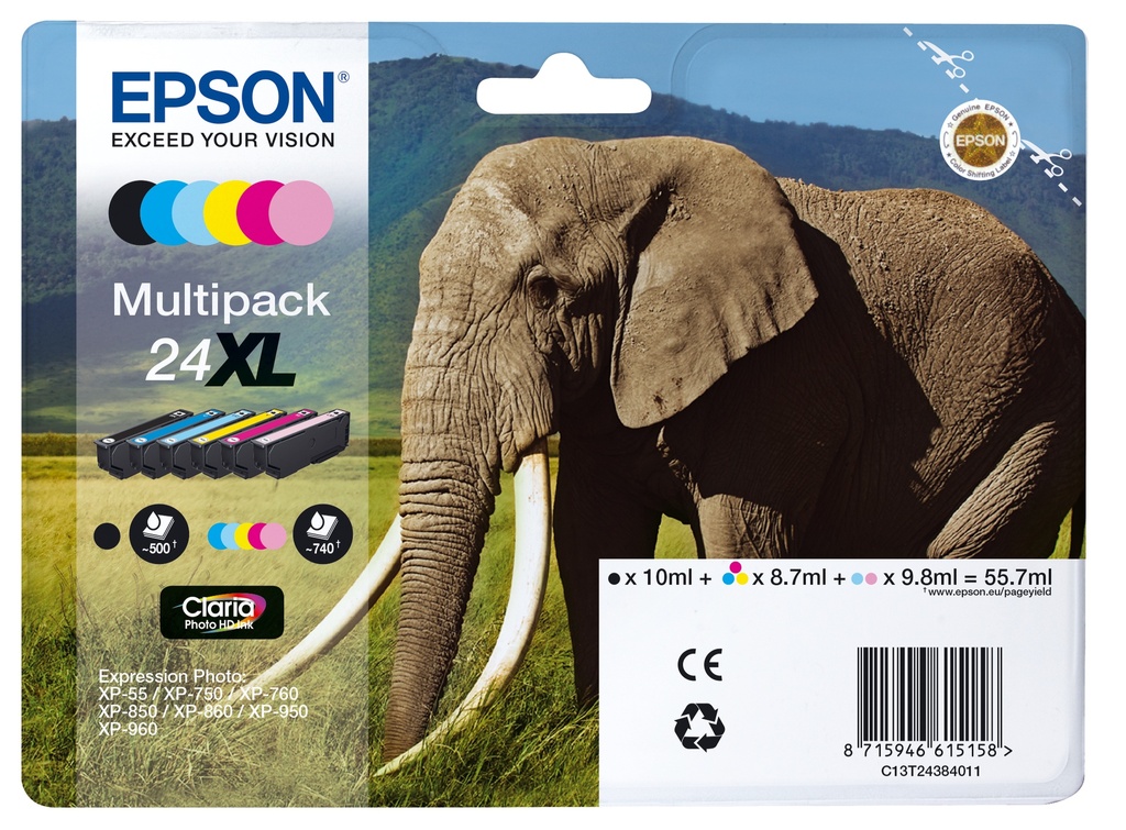 [170015441053] Epson Elephant Multipack 6-colours 24XL Claria Photo HD Ink