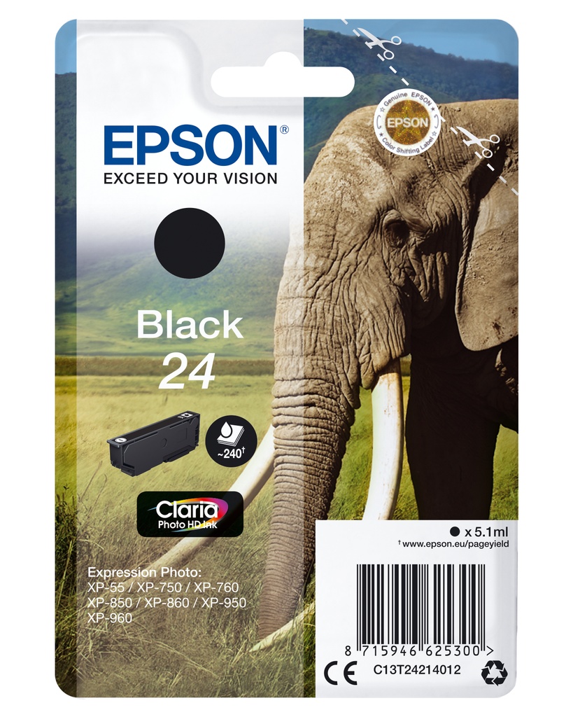 [170015441249] Epson Elephant Singlepack Black 24 Claria Photo HD Ink