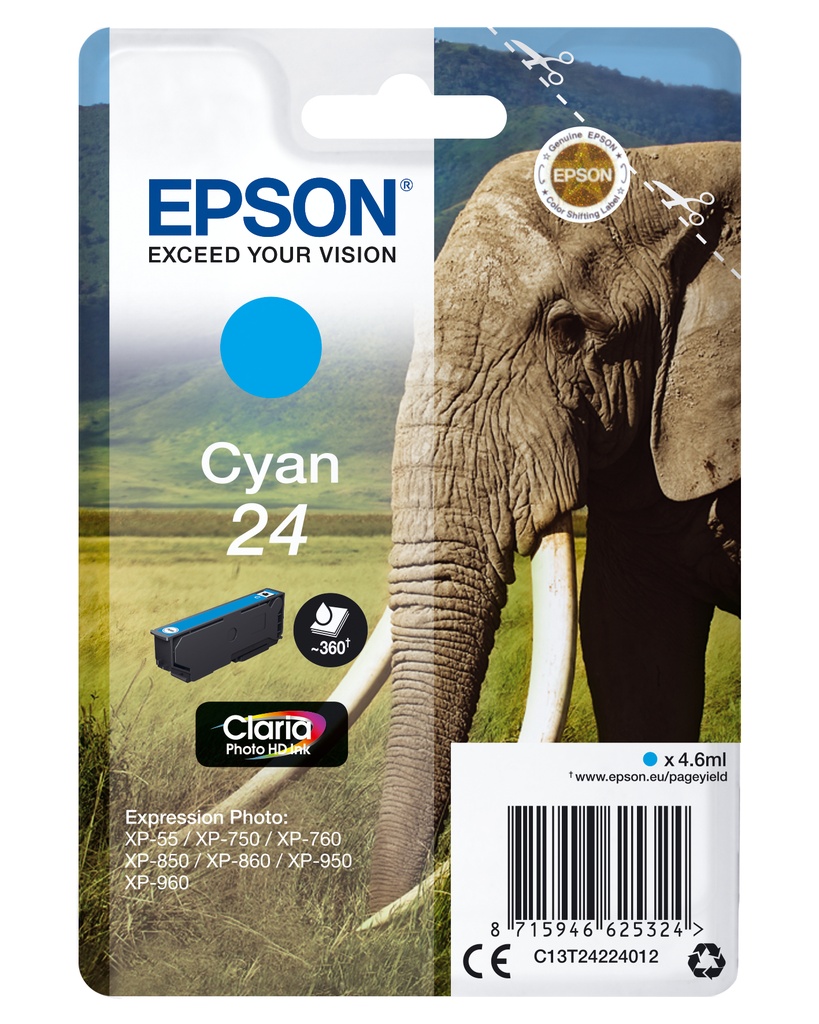 [170015441251] Epson Elephant Singlepack Cyan 24 Claria Photo HD Ink