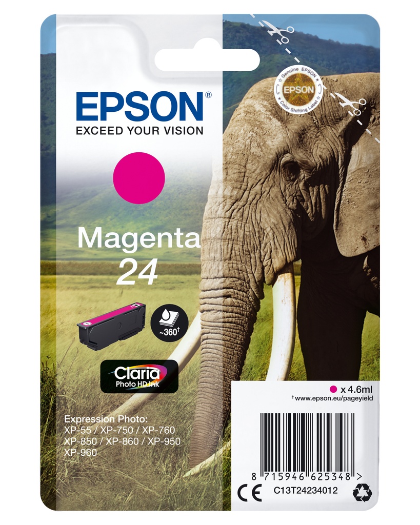 [170015441253] Epson Elephant Singlepack Magenta 24 Claria Photo HD Ink
