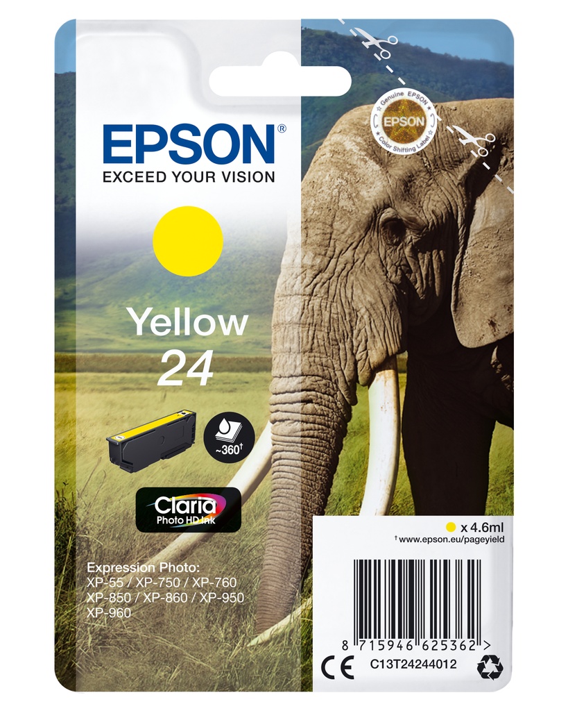 [170015441255] Epson Elephant Singlepack Yellow 24 Claria Photo HD Ink