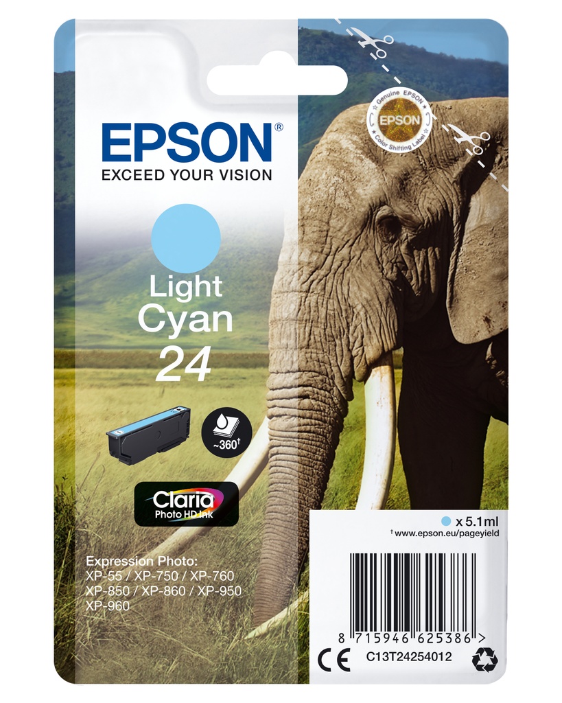 [170015441257] Epson Elephant Singlepack Light Cyan 24 Claria Photo HD Ink
