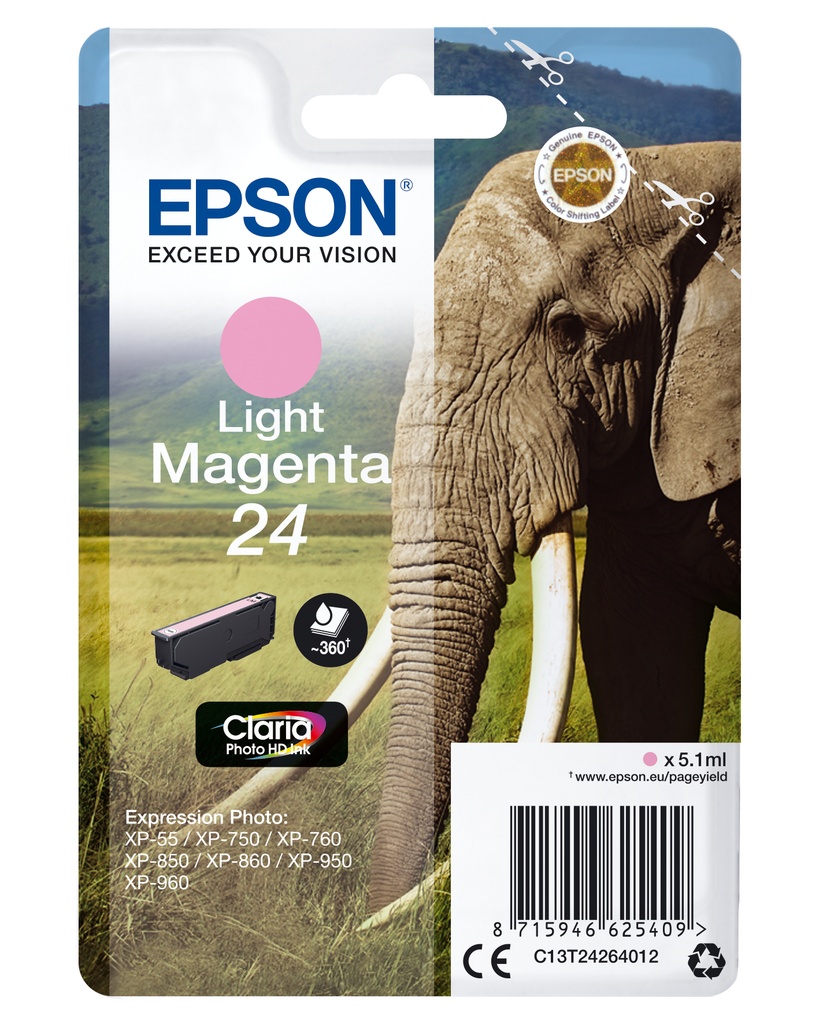 [170015441259] Epson Elephant Singlepack Light Magenta 24 Claria Photo HD Ink