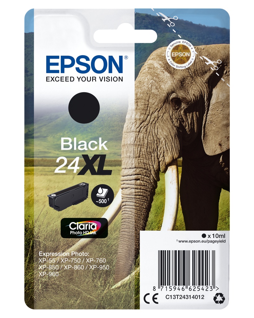 [170015441261] Epson Elephant Singlepack Black 24XL Claria Photo HD Ink