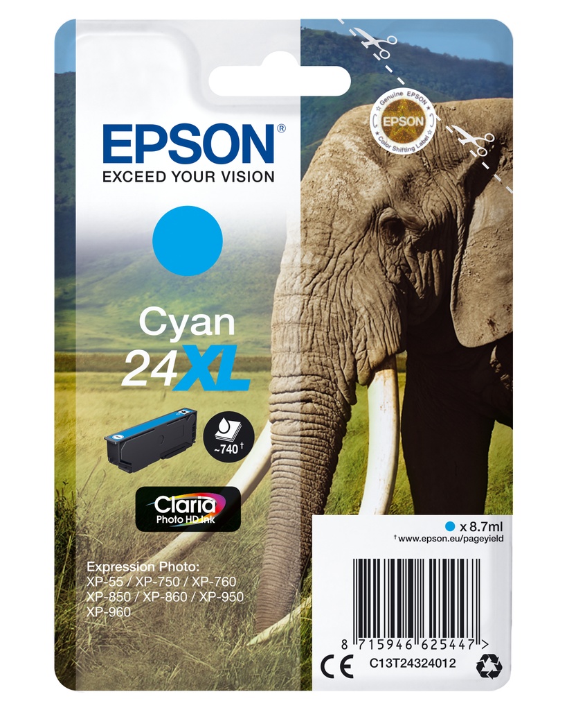 [170015441263] Epson Elephant Singlepack Cyan 24XL Claria Photo HD Ink