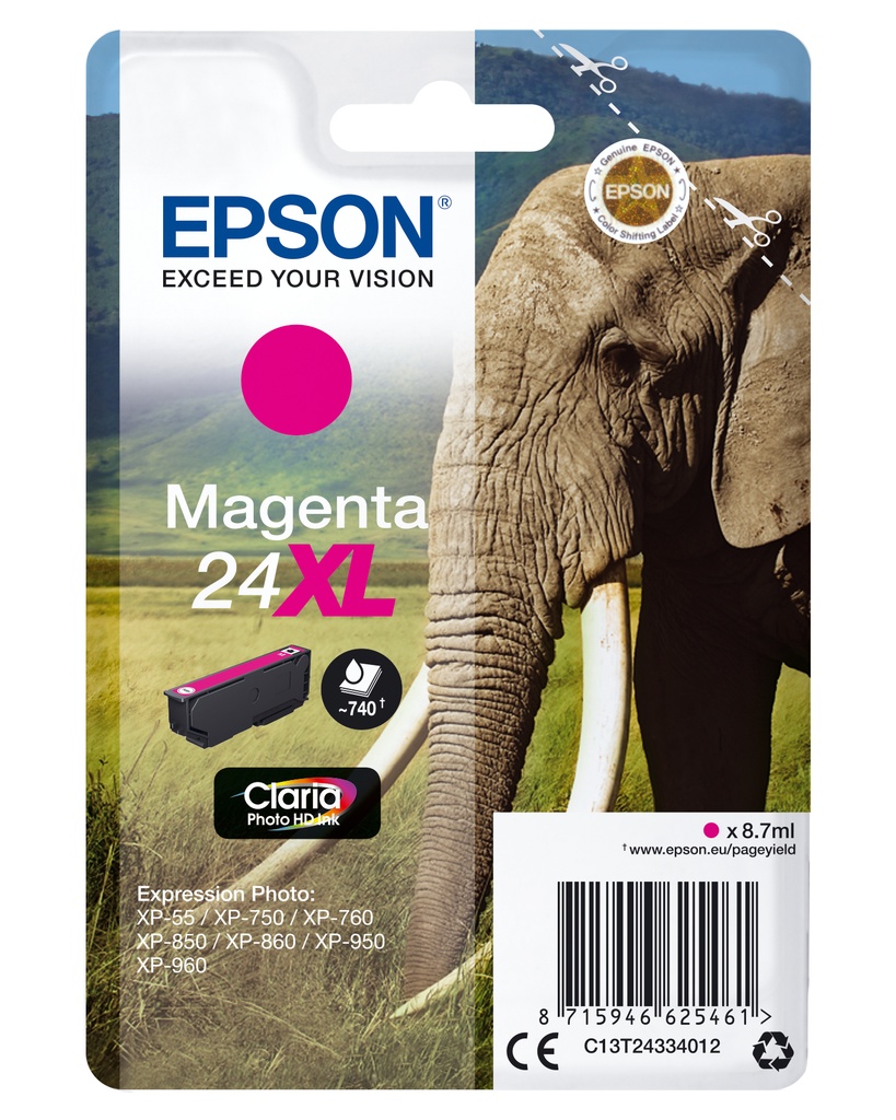 [170015441265] Epson Elephant Singlepack Magenta 24XL Claria Photo HD Ink