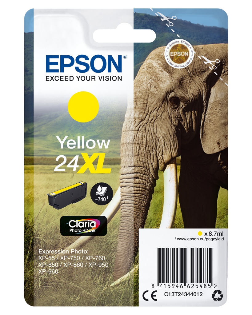 [170015441267] Epson Elephant Singlepack Yellow 24XL Claria Photo HD Ink
