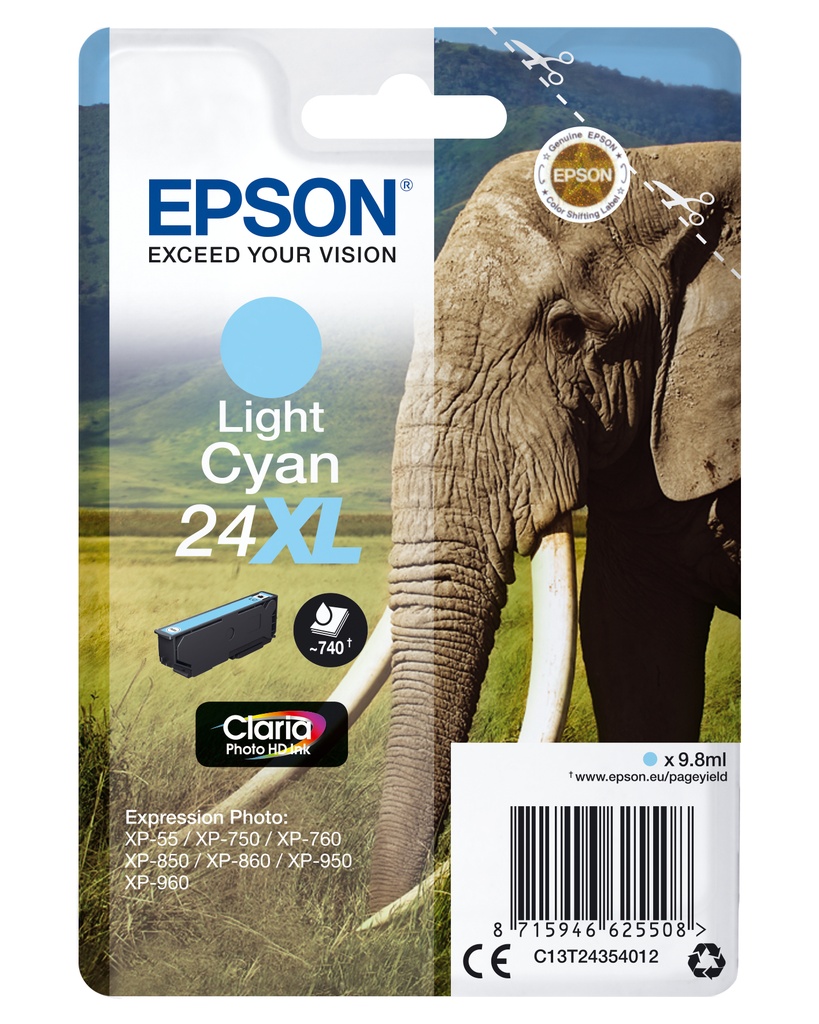 [170015441269] Epson Elephant Singlepack Light Cyan 24XL Claria Photo HD Ink