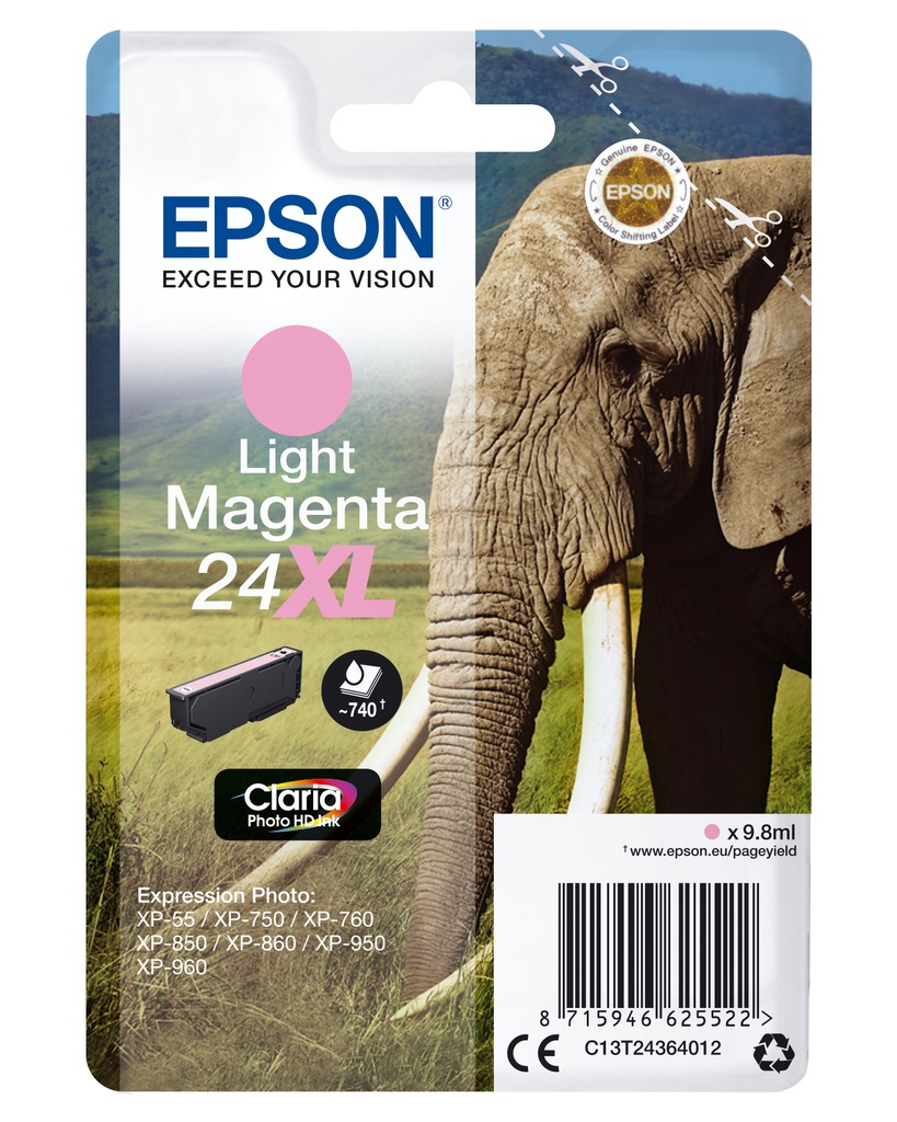 [170015441271] Epson Elephant Singlepack Light Magenta 24XL Claria Photo HD Ink