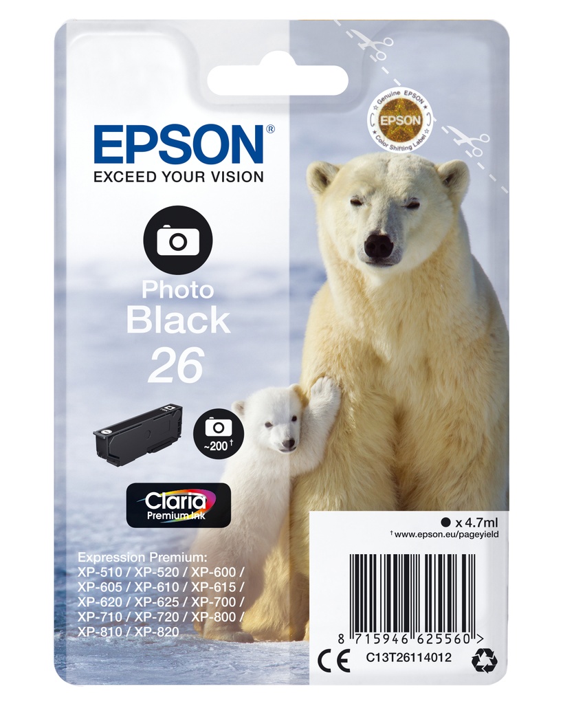 [170015441275] Epson Polar bear Singlepack Photo Black 26 Claria Premium Ink