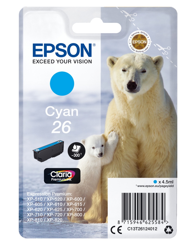 [170015441277] Epson Polar bear Singlepack Cyan 26 Claria Premium Ink