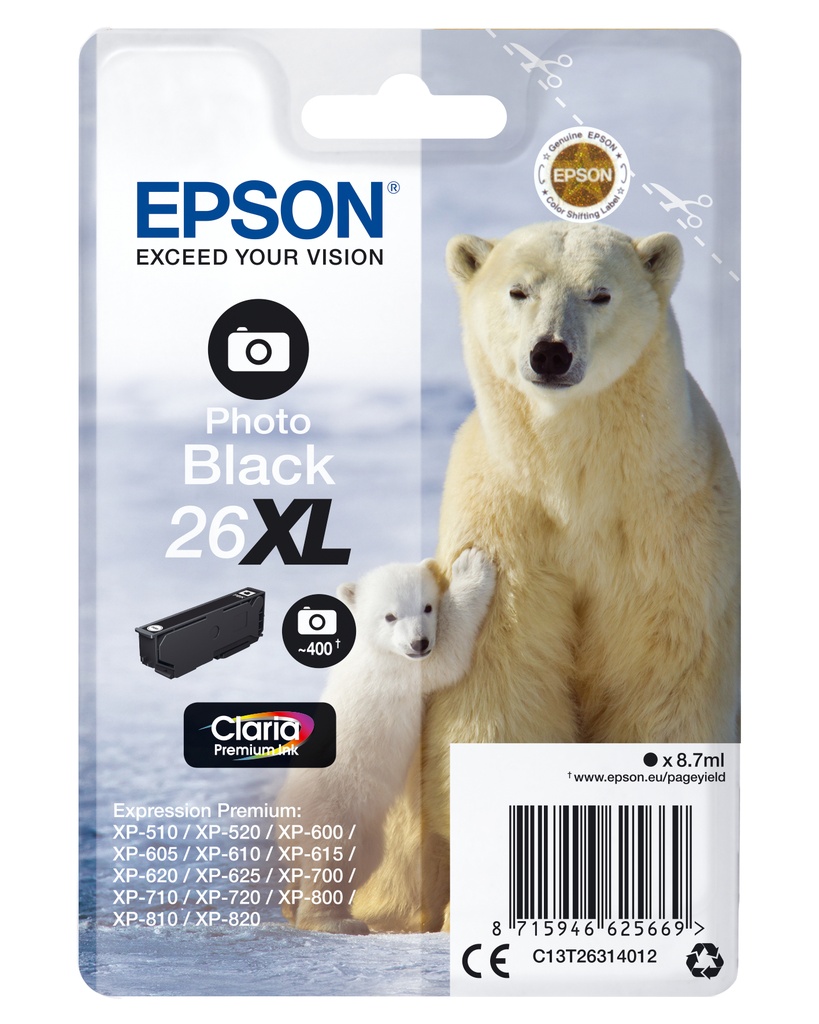 [170015441285] Epson Polar bear Singlepack Photo Black 26XL Claria Premium Ink