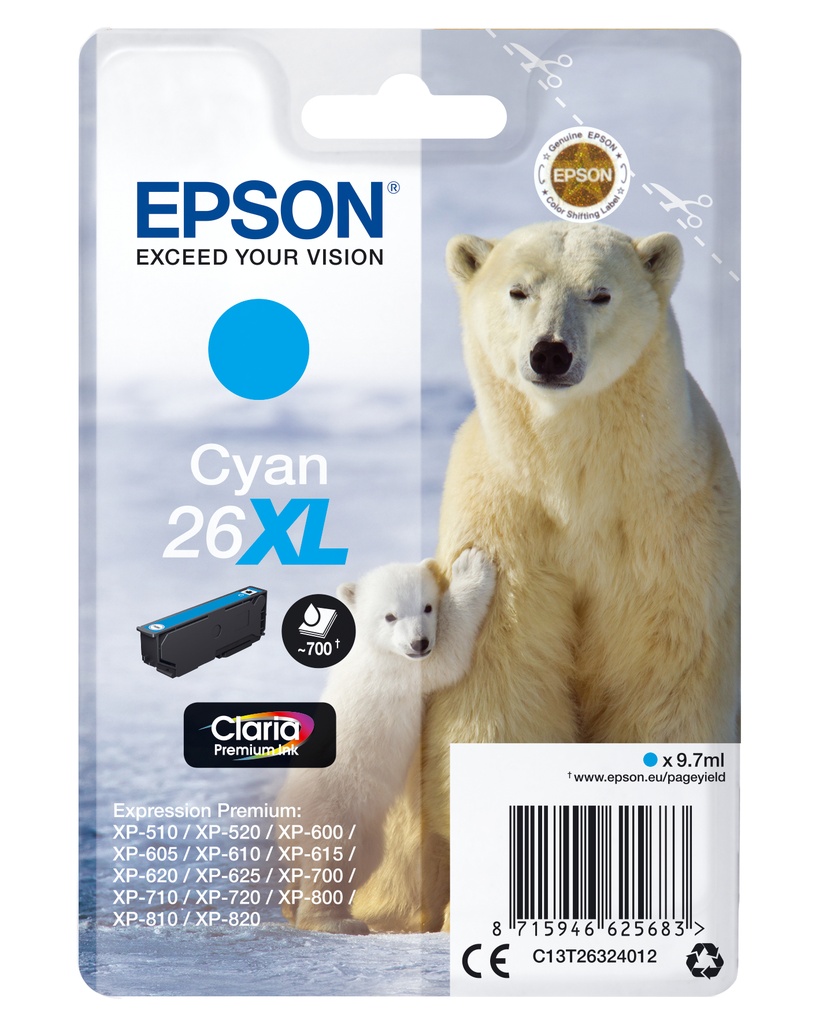 [170015441287] Epson Polar bear Singlepack Cyan 26XL Claria Premium Ink